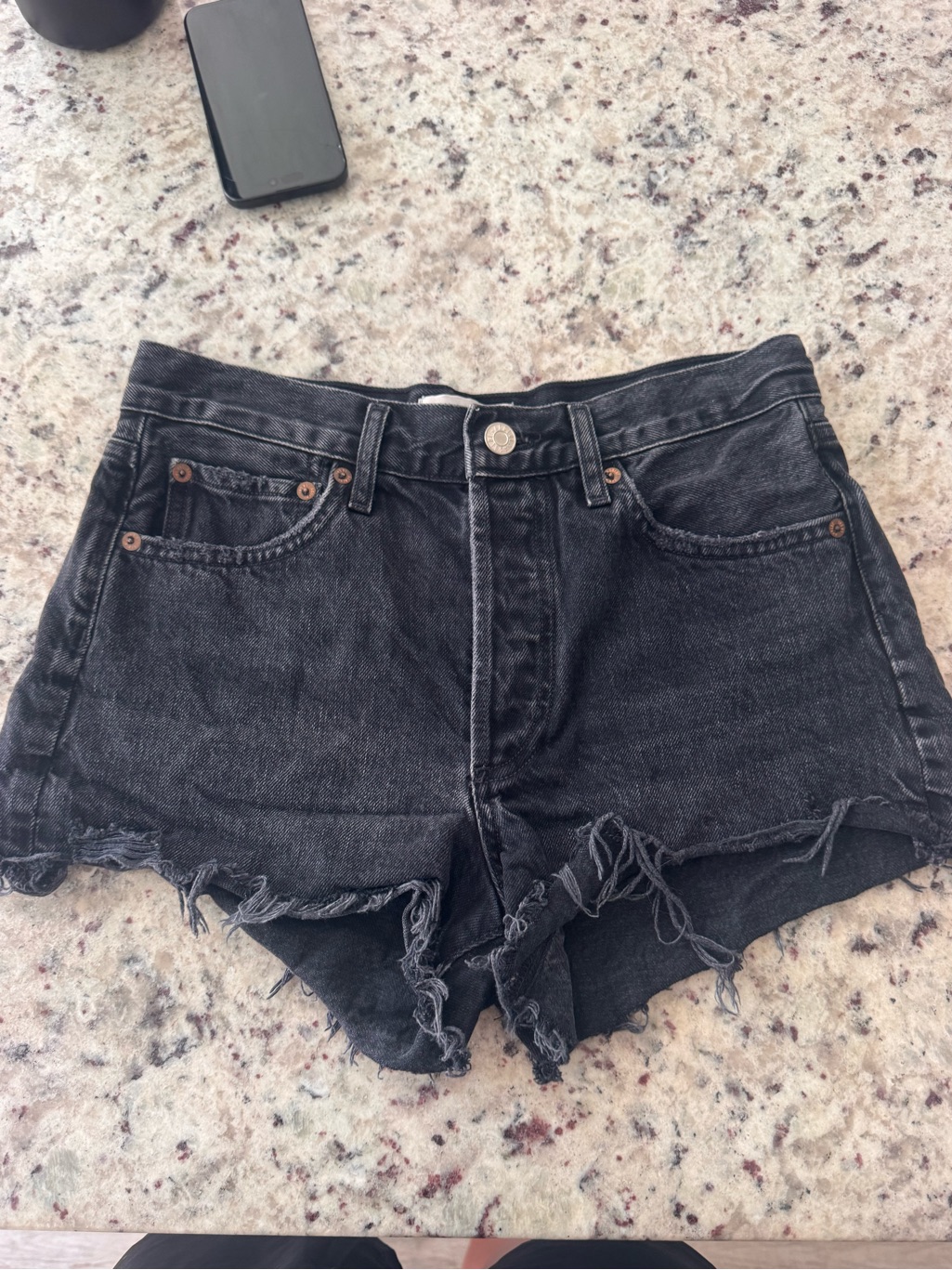 Agolde Black Distressed Frayed Hem Denim Shorts